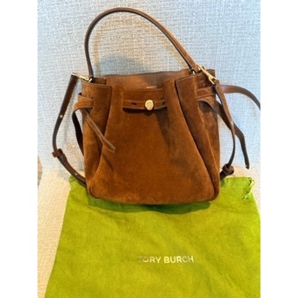 Tory Burch McGraw Small Suede Bucket Bag Cognac Brown Crossbody Handbag